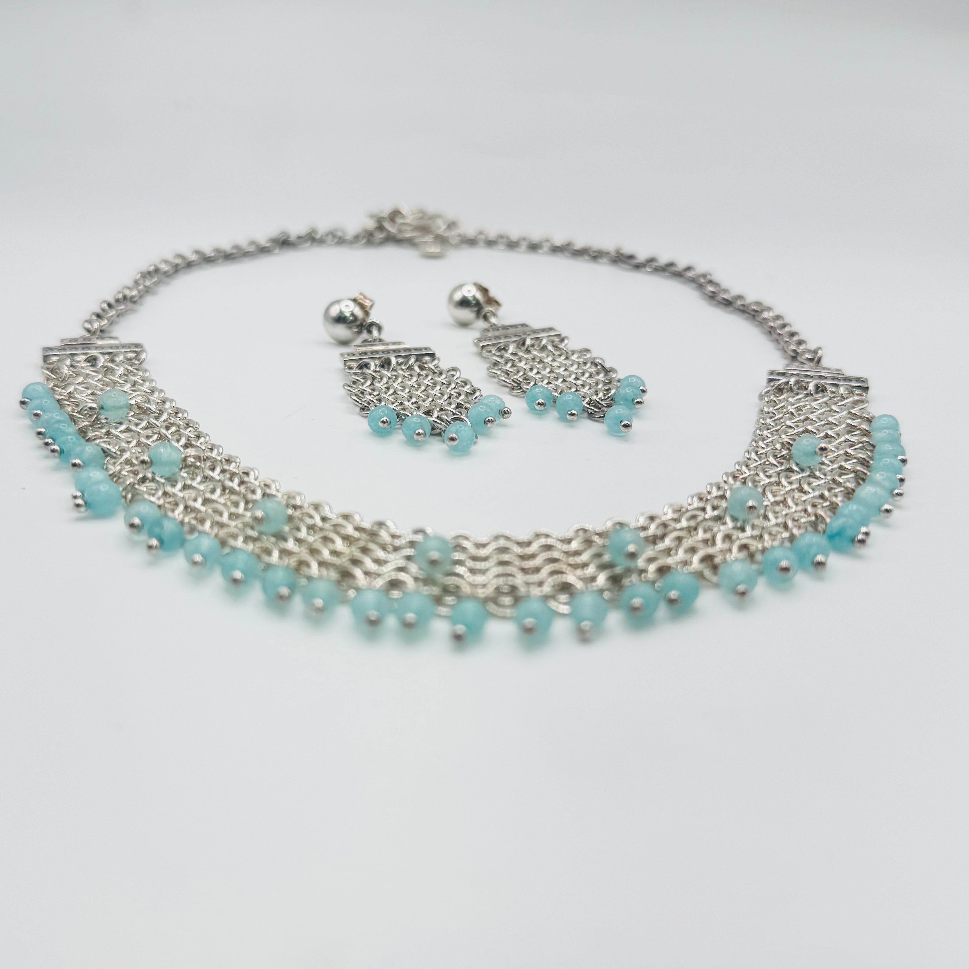 Handwoven 950 Sterling Silver and Amazonite Necklace Set