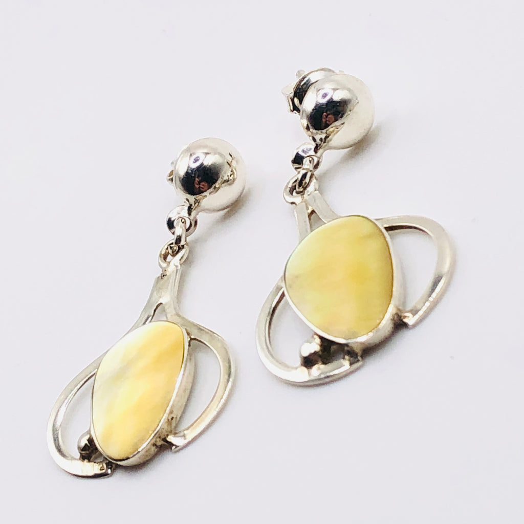 Handmade Long Drop Earrings | 950 Sterling Silver & Natural Mother of Pearl