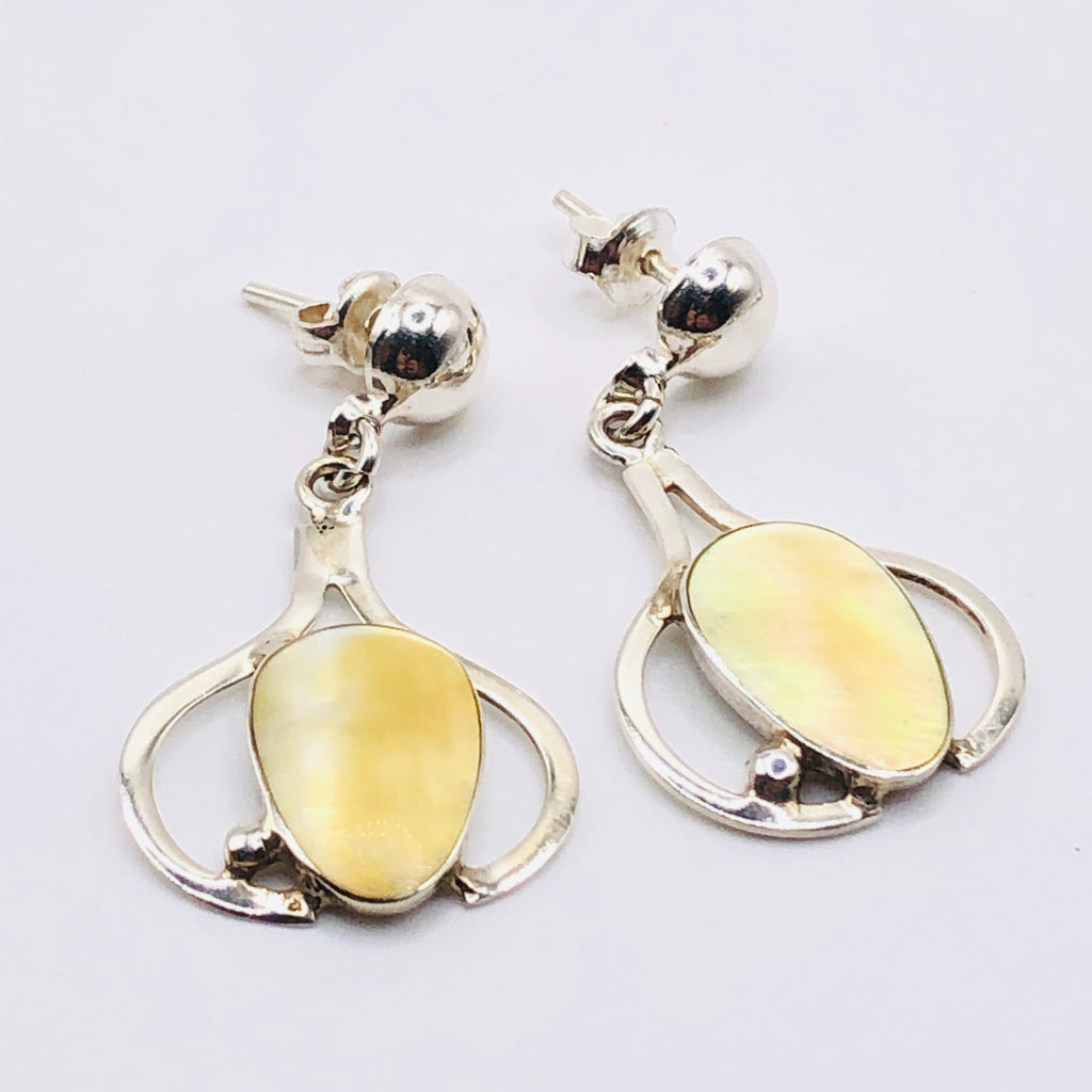 Handmade Long Drop Earrings | 950 Sterling Silver & Natural Mother of Pearl