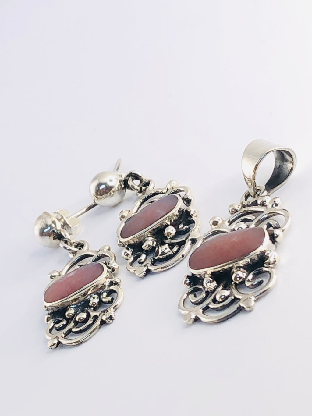Handmade Earring & Pendant Set | 950 Sterling Silver & Rose Quartz